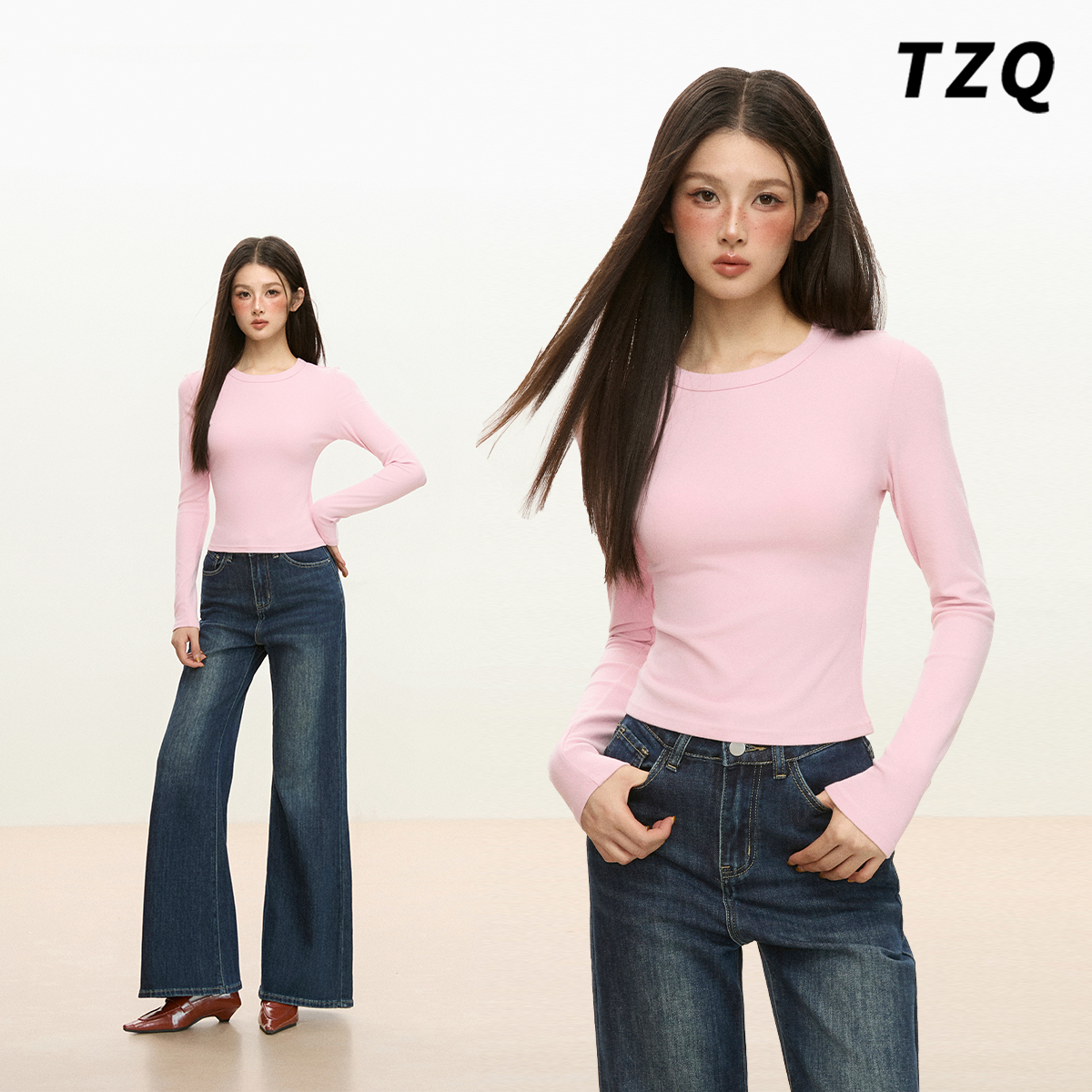 粉色极简风打底衫女圆领长袖t恤