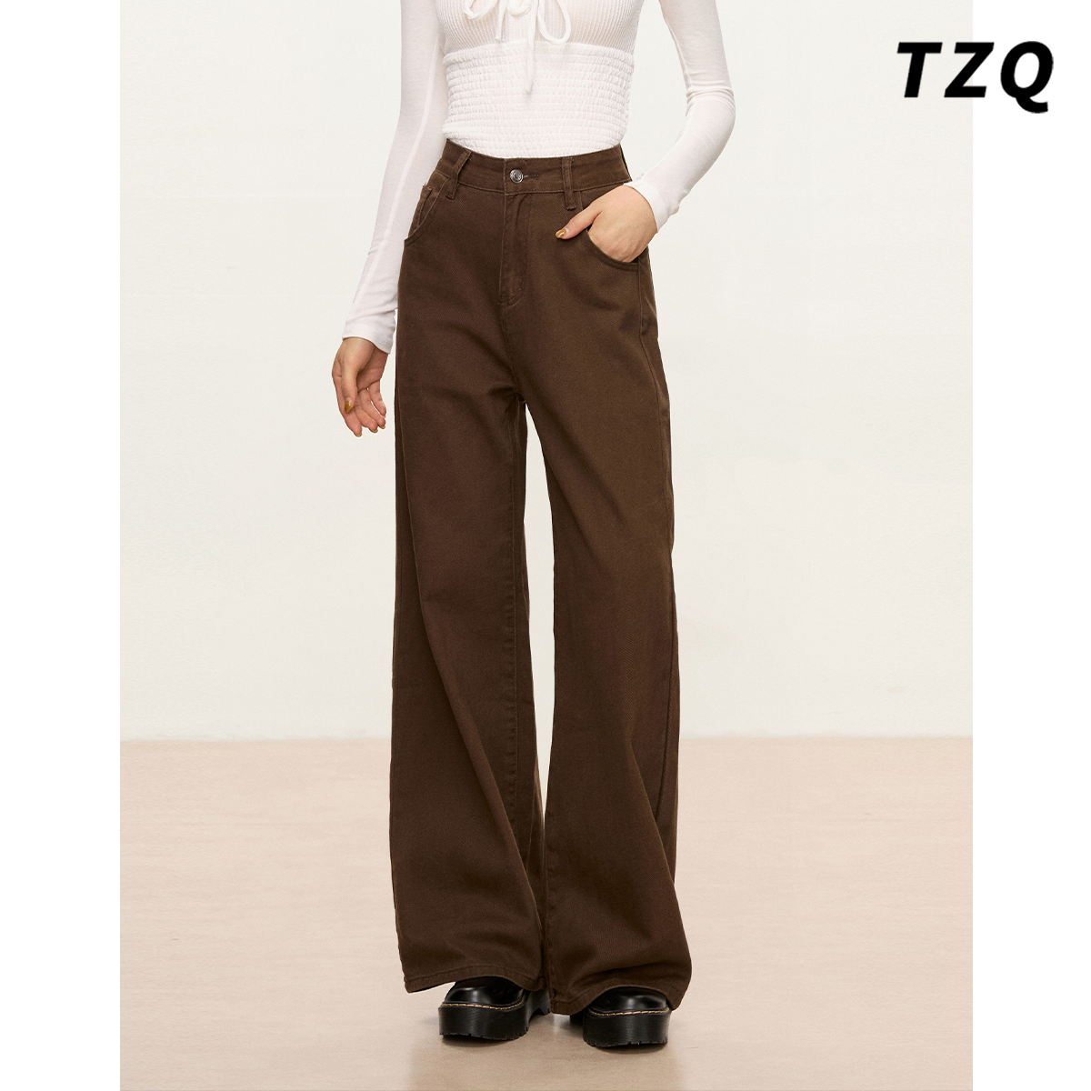 棕色高腰阔腿牛仔裤女2025新款