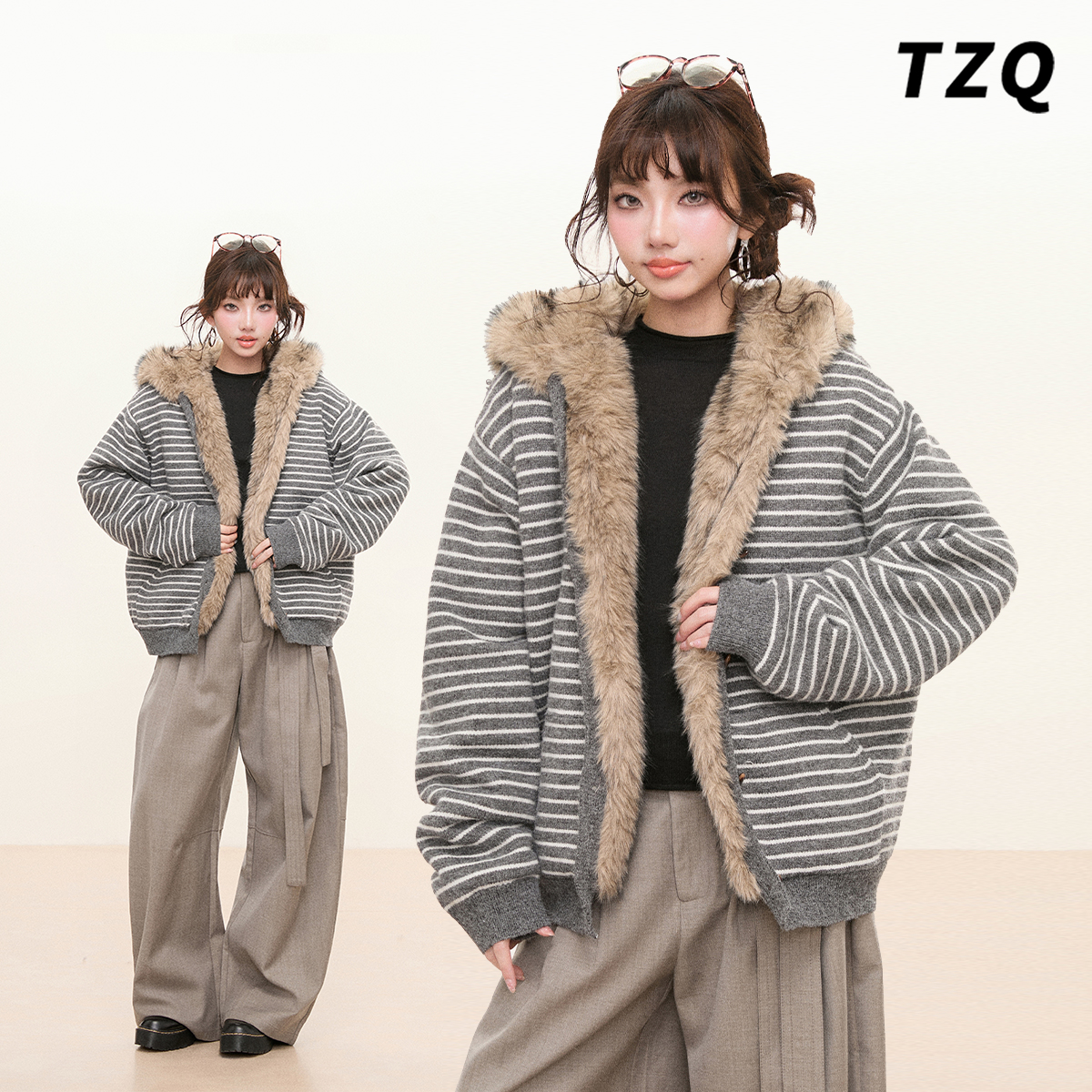 灰色甜美加厚连帽拉链短外套女