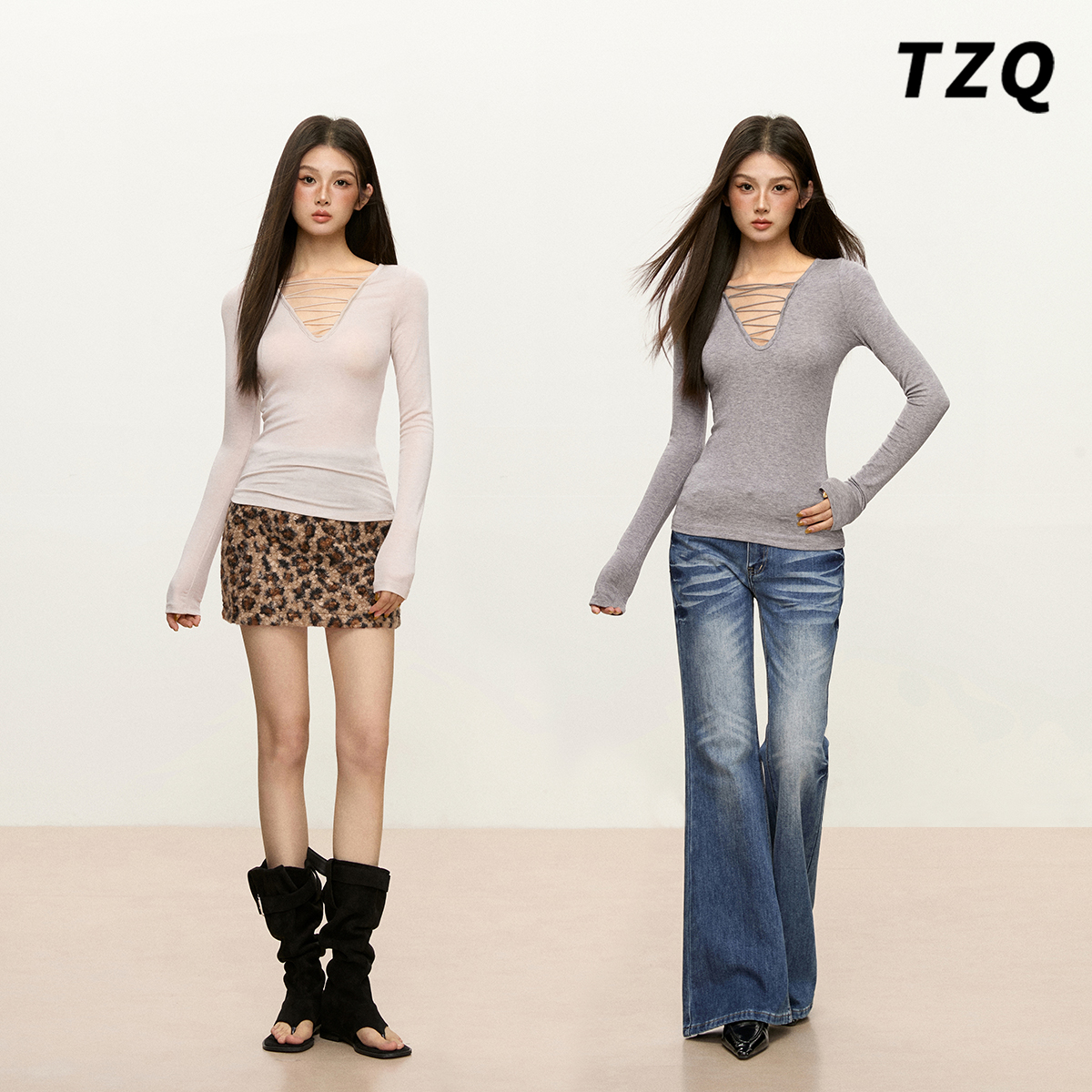 美式辣妹风V领绑带设计针织衫