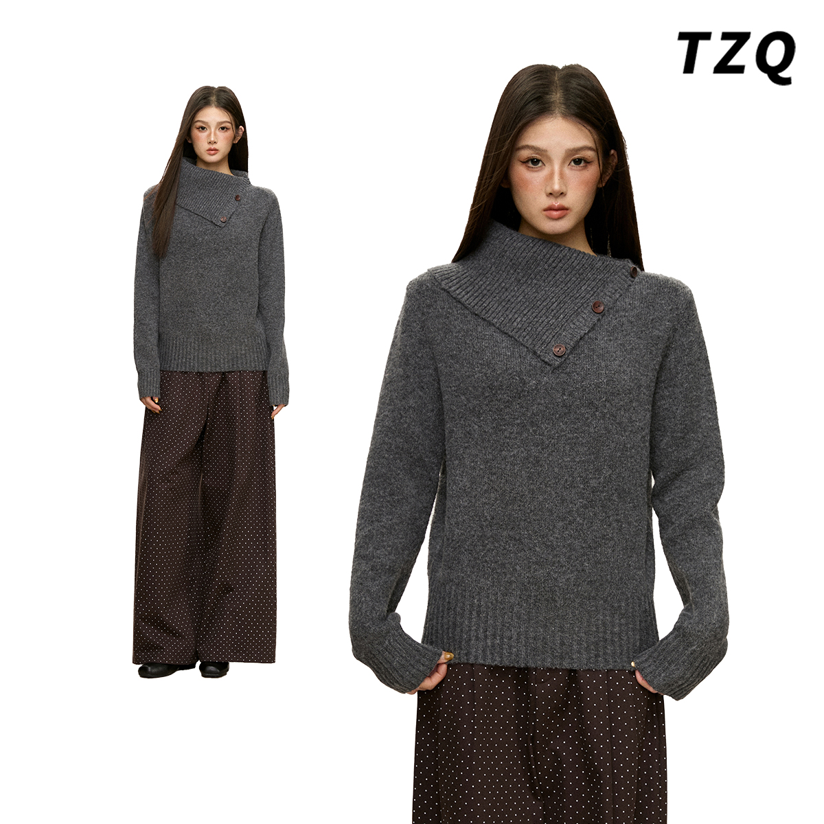 深灰色老钱风高领针织衫