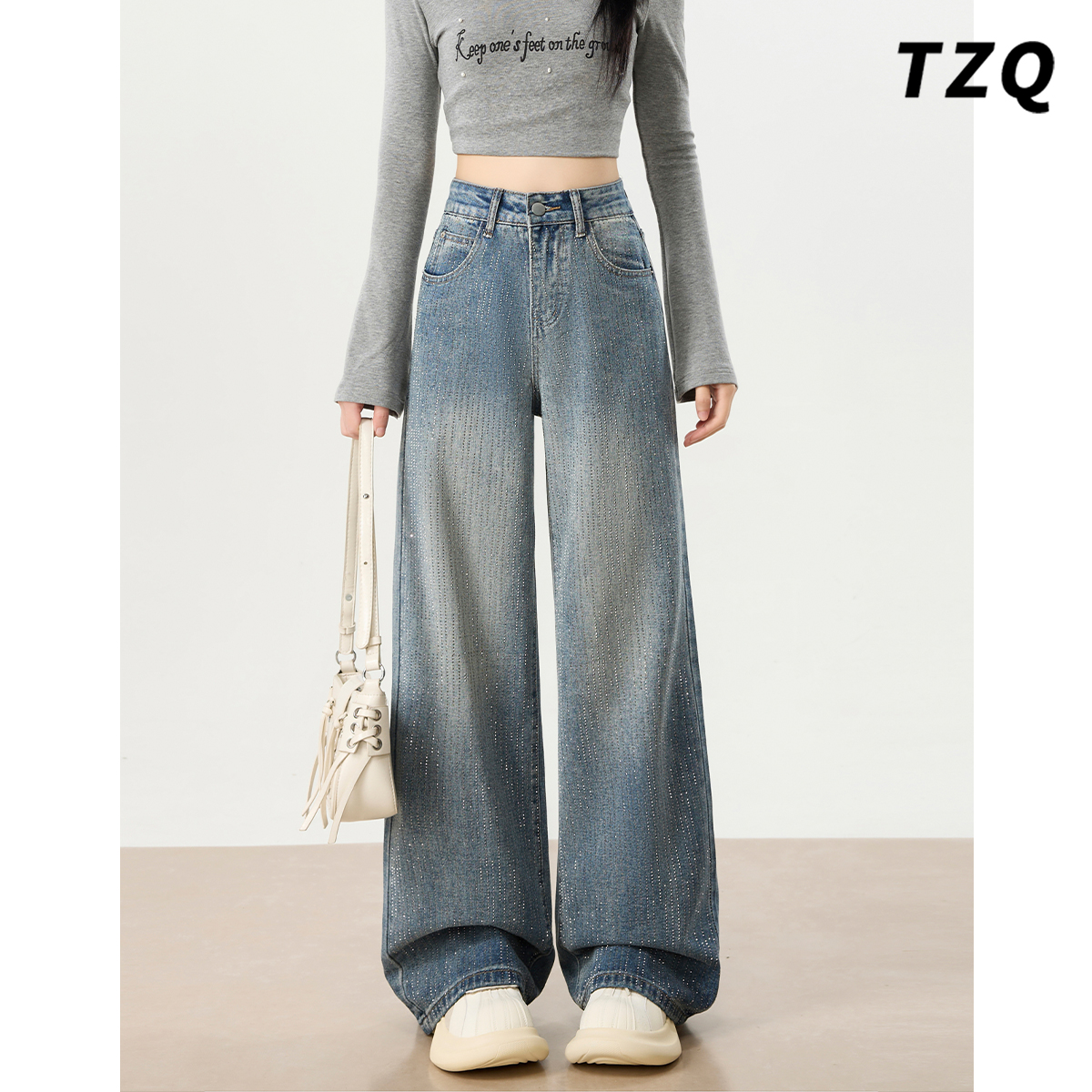 复古蓝烫钻设计感阔腿牛仔裤女