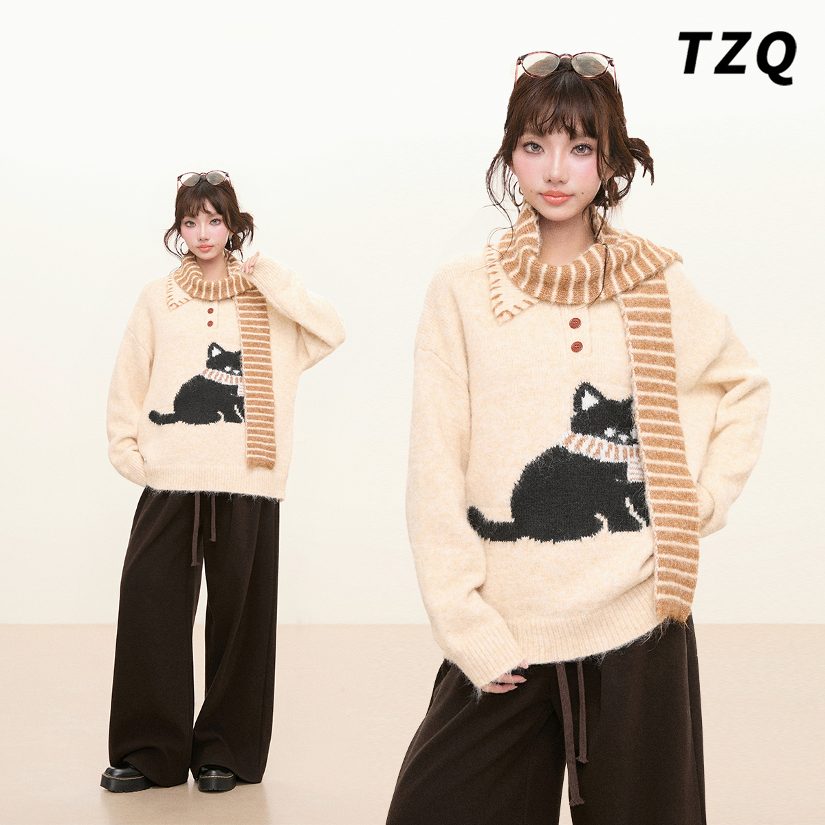 甜美小猫翻领宽松软糯毛衣女秋冬