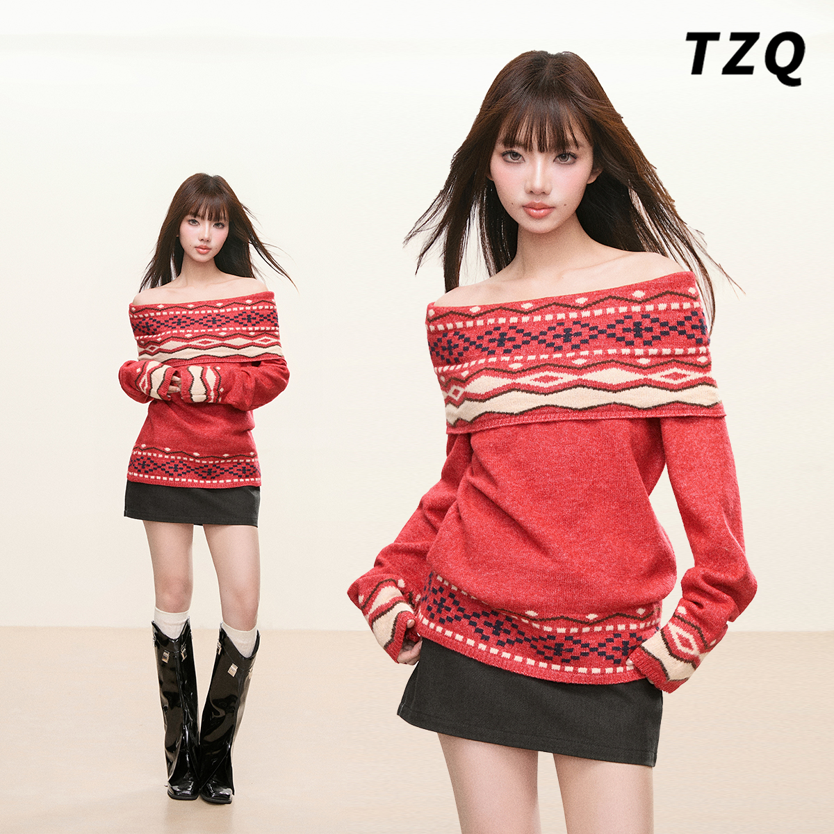 费尔岛风一字肩红色针织衫女冬
