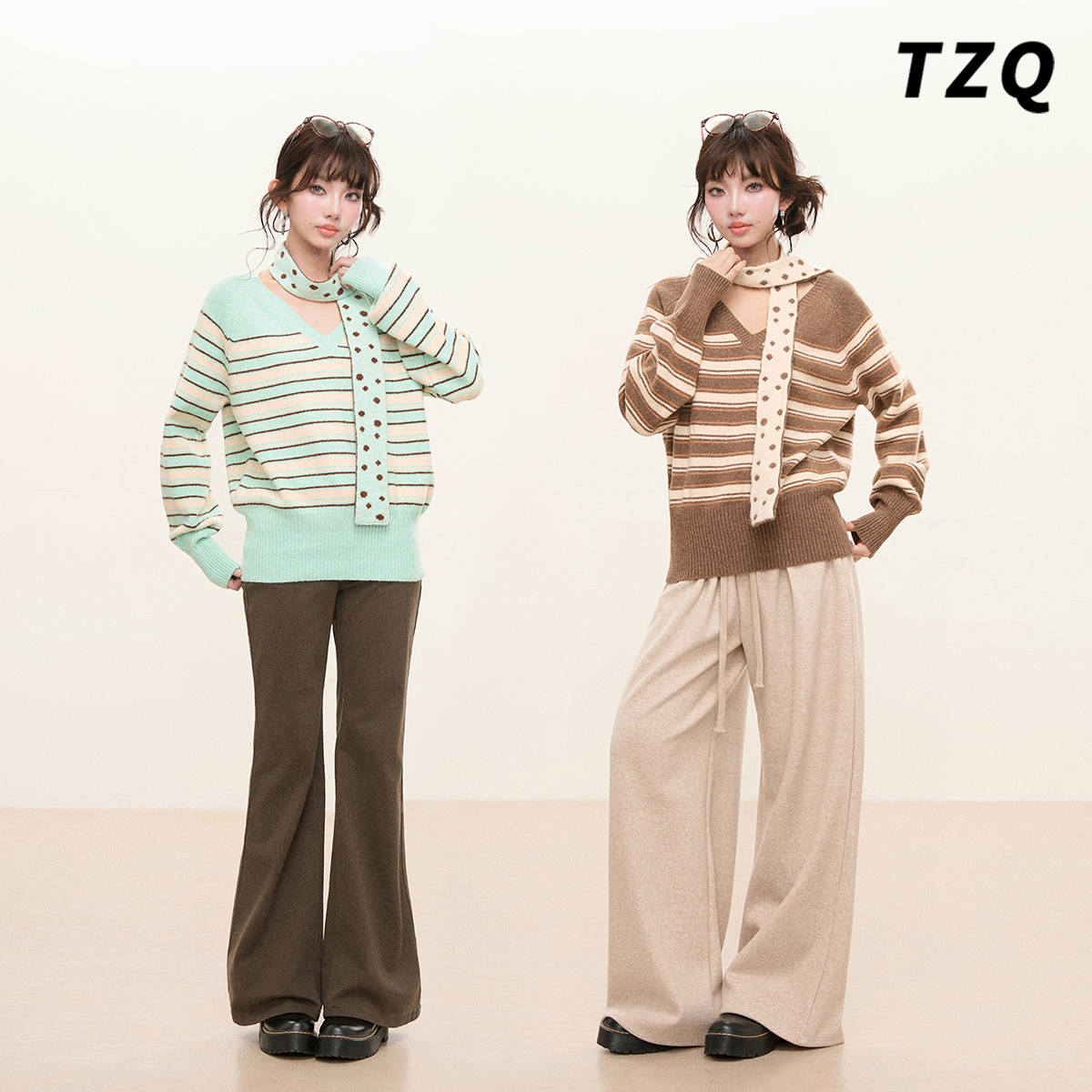 条纹撞色V领秋冬保暖宽松毛衣