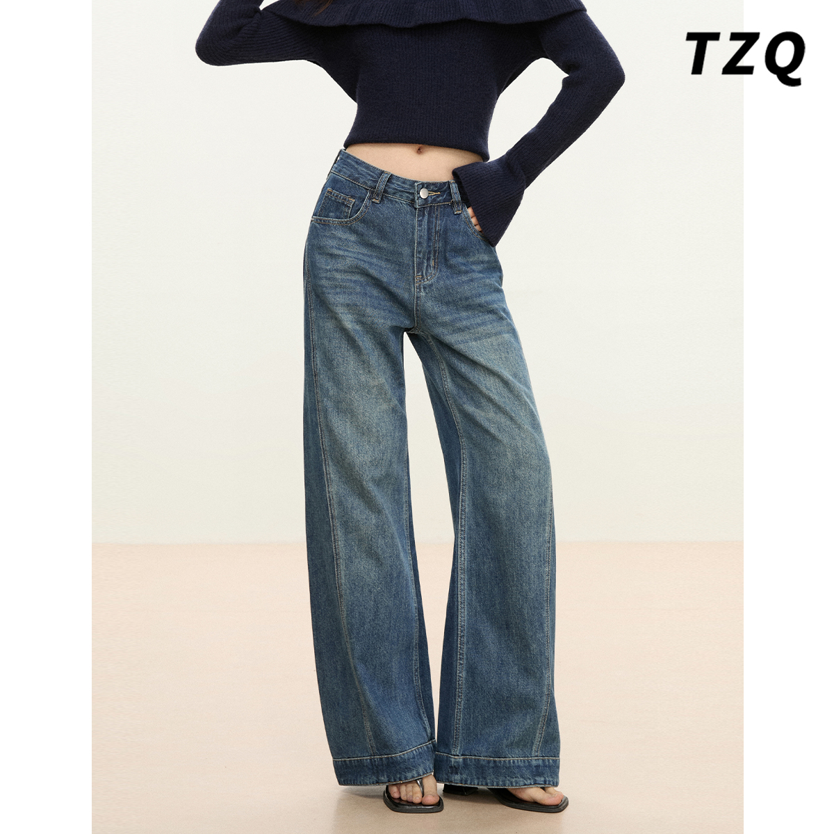 复古蓝宽松百搭阔腿牛仔裤
