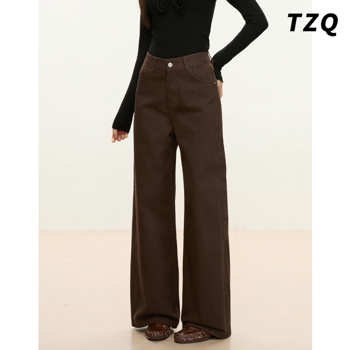 咖啡色高腰阔腿牛仔裤