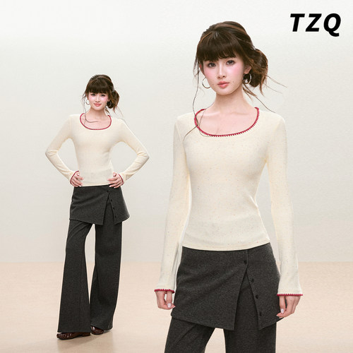 撞色花边圆领针织长袖t恤