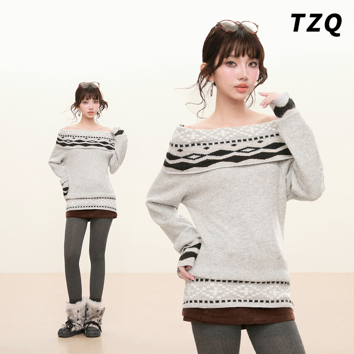 一字肩费尔岛复古宽松女毛衣