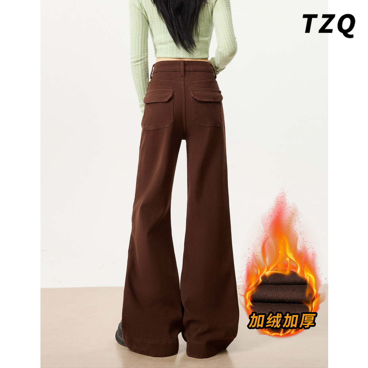 咖色加绒微喇牛仔裤女2025冬季