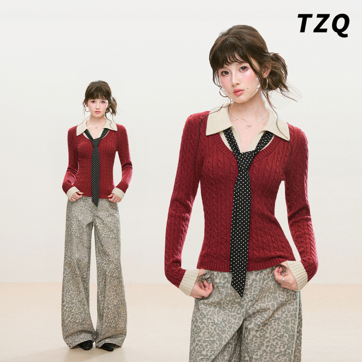 设计感拼接假两件针织衫