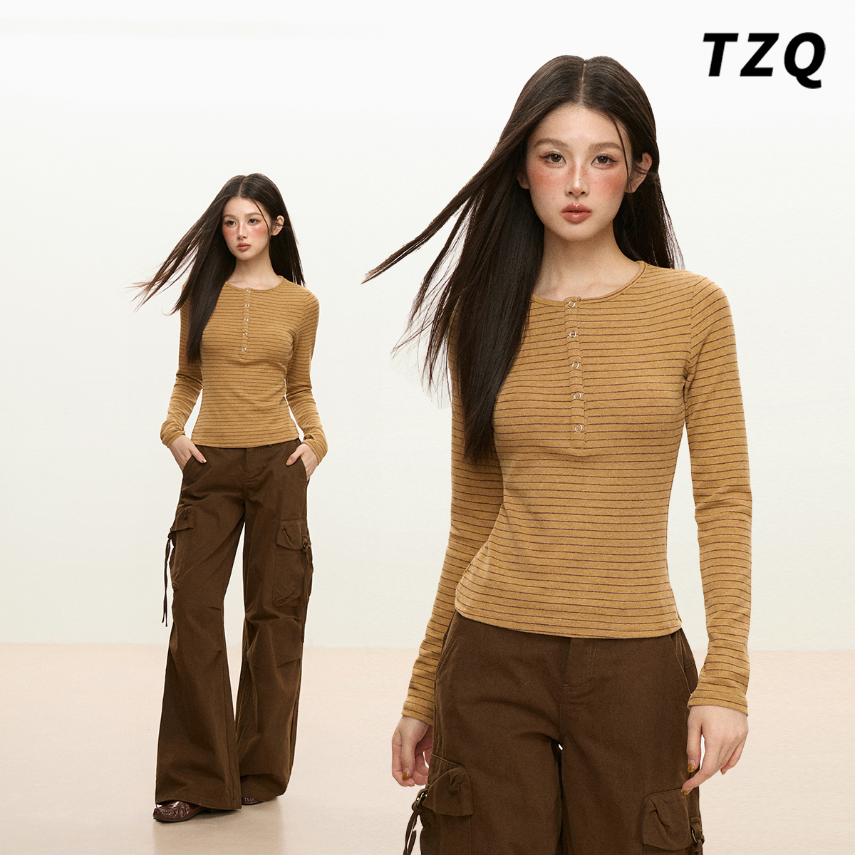 美式半开领条纹长袖T恤打底上衣