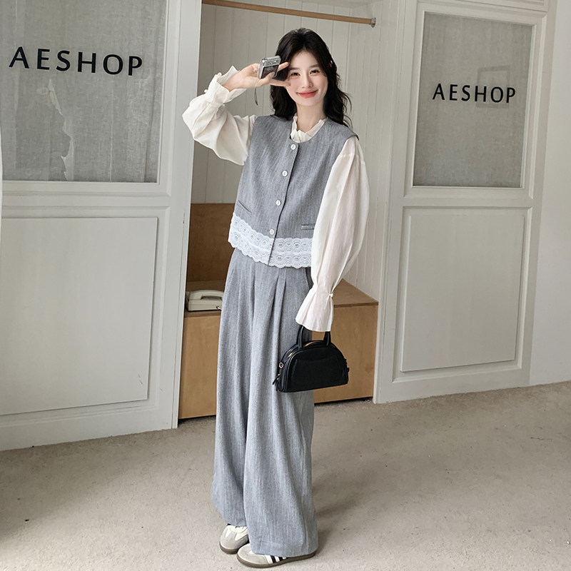 灰色小香风蕾丝拼接马甲套装女2025春季新款气质穿搭阔腿裤两件套,女装套装/套裙,唛多