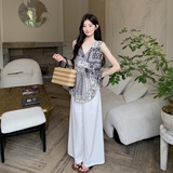 民族风碎花无袖衬衫阔腿裤套装女夏巨好看又a又飒两件套度假风，商品下架区，唛多