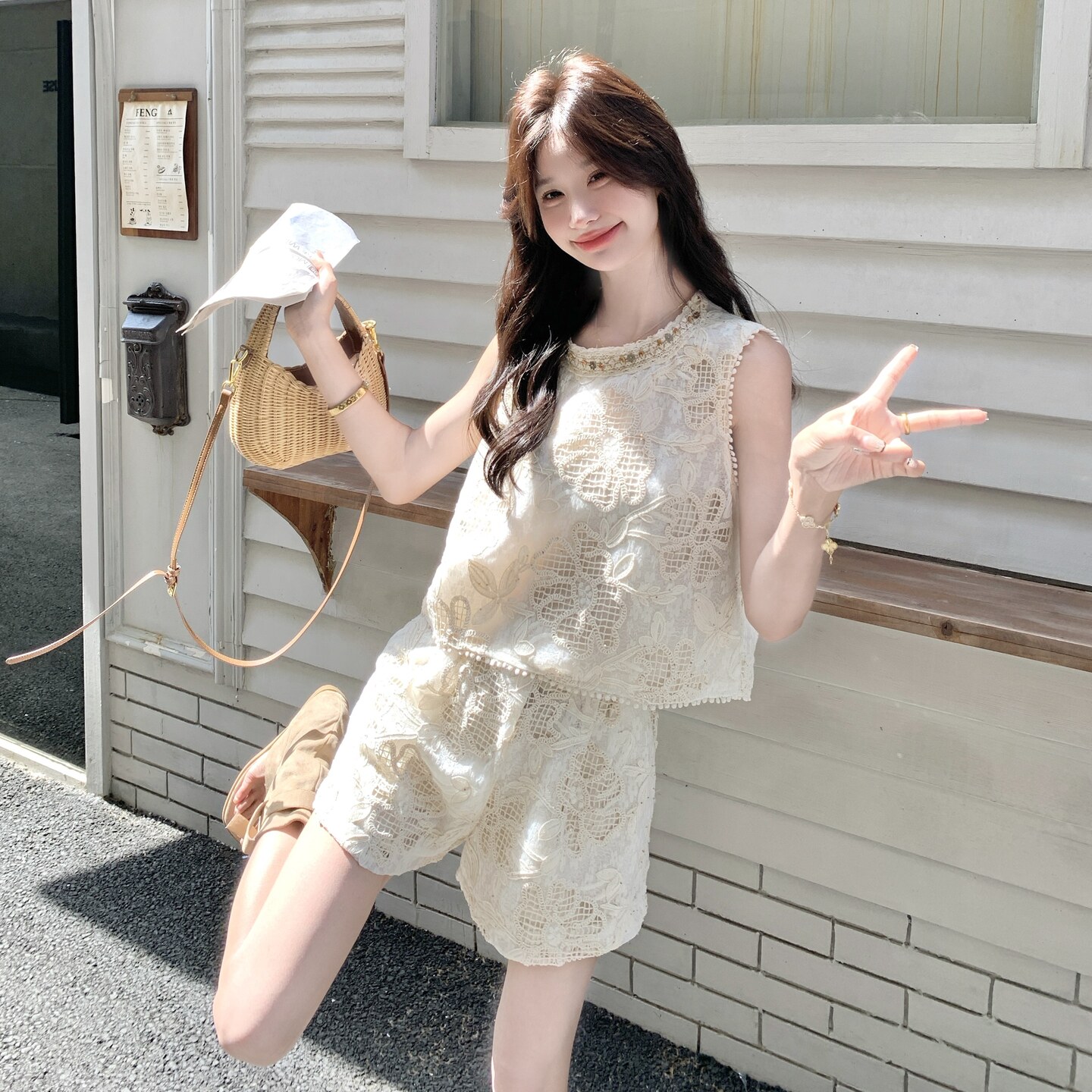 2026夏季现货设计感法式背心+短裤蕾丝套装#25162-P175K258，女装套装/套裙，唛多