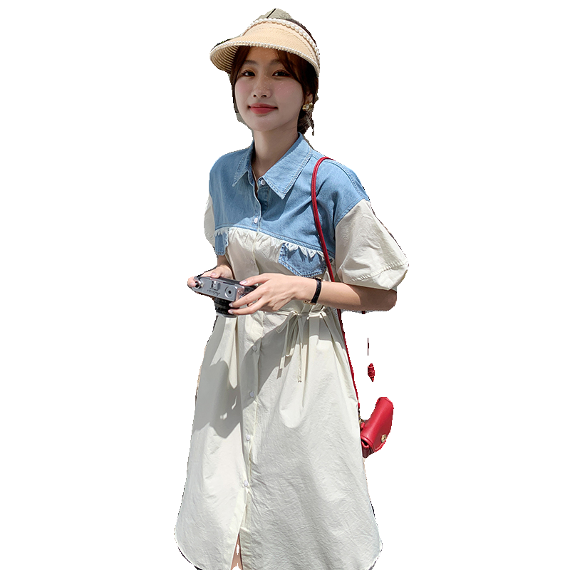 现货现货夏季薄款牛仔拼接衬衫裙宽松货号3083p105k158,女装连衣裙,唛多