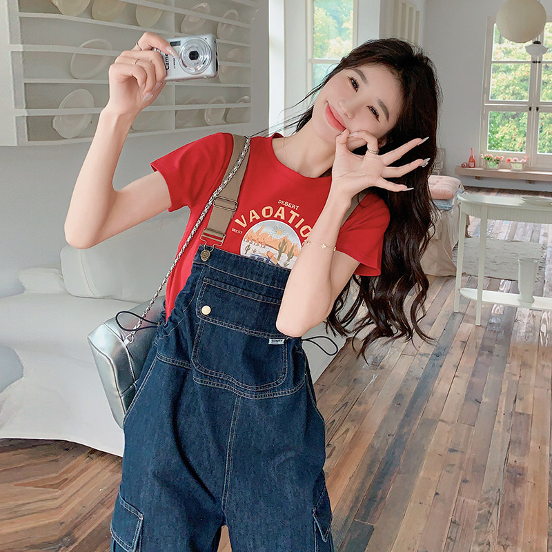 韩版复古水洗高腰牛仔背带裤女2025春秋季新款显瘦阔腿直筒连体裤,女装牛仔裤,唛多