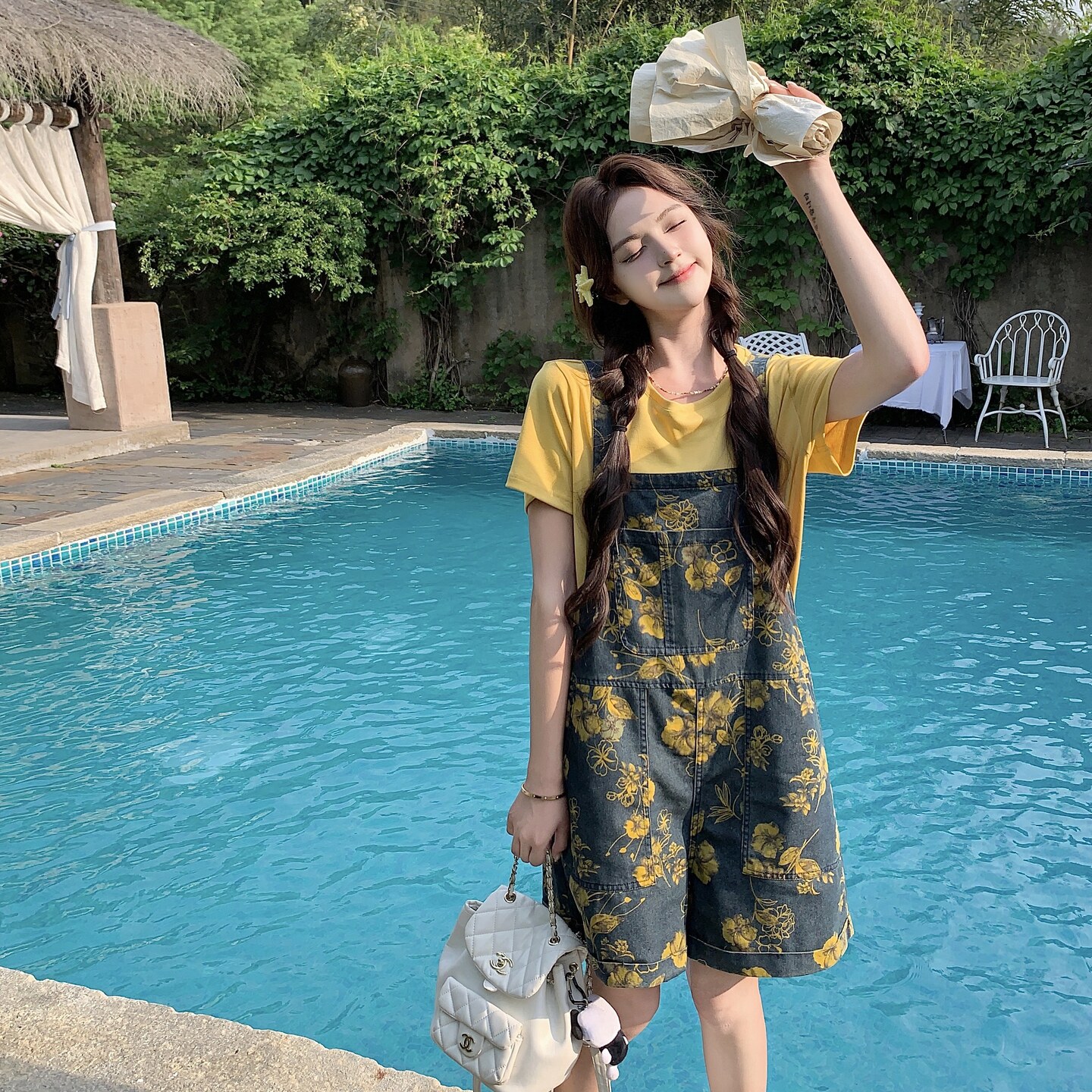 法式黄色牛仔背带裤套装女2025夏季新款百搭圆领短袖上衣两件套,女装套装/套裙,唛多