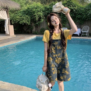 法式黄色牛仔背带裤套装女2025夏季新款百搭圆领短袖上衣两件套图片