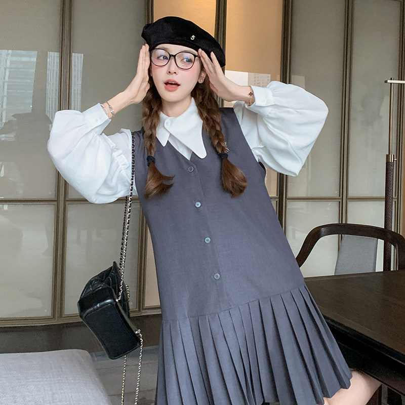 小香风马甲背心连衣裙女春秋2025新款两件套百褶裙小个子减龄流行,女装连衣裙,唛多