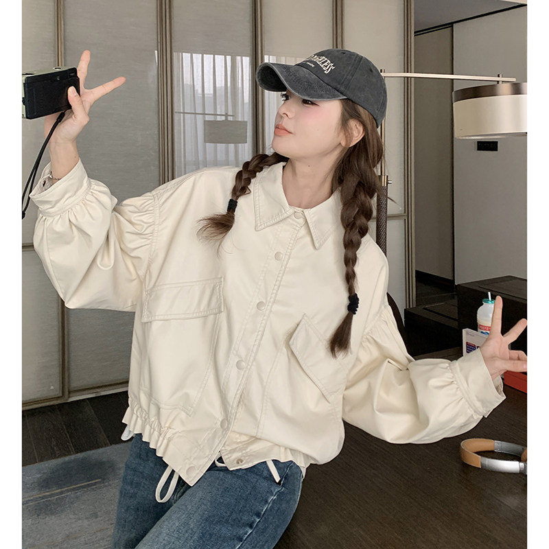 独特漂亮米白色工装皮衣短外套女春秋2025新款超好看酷飒夹克上衣,女装皮衣,唛多