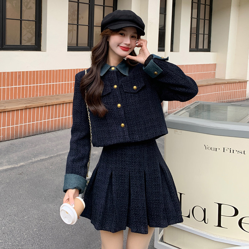 2025冬款现货藏青色牛仔拼接小香风套装#1111-P175-K258,女装套装/套裙,唛多