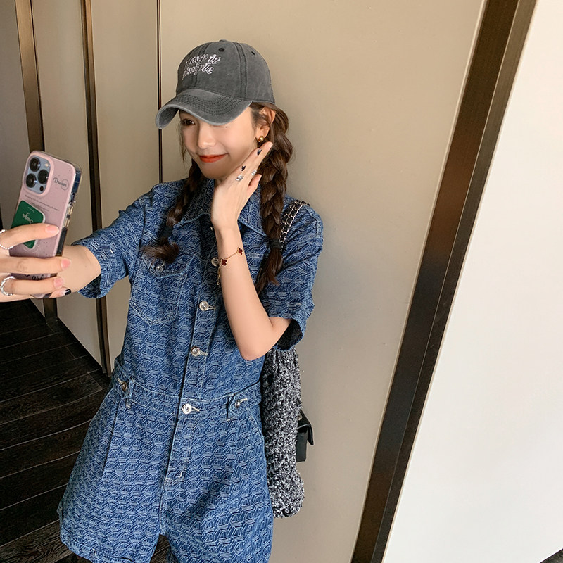 蓝色牛仔连体裤女2023年夏季新款法式小个子别致高级感气质连衣裤,女装连体裤,唛多