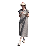 韩系减龄气质条纹t恤连衣裙女夏2025新款慵懒松弛感宽松休闲长裙，女装连衣裙，唛多