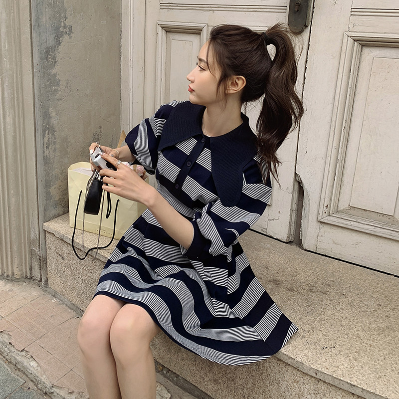 法式娃娃领条纹连衣裙女夏2024新款收腰t恤裙小个子显高设计感图片