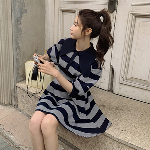 法式娃娃领条纹连衣裙女夏2024新款收腰t恤裙小个子显高设计感图片