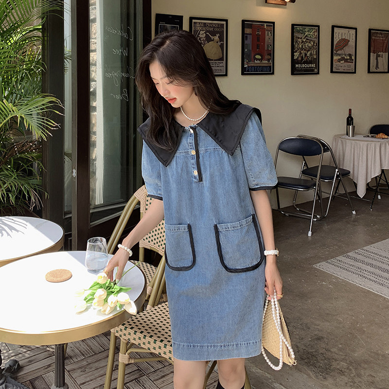 学院风海军领牛仔连衣裙女夏季2025新款设计感温柔风别致独特裙子,女装连衣裙,唛多