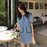 学院风海军领牛仔连衣裙女夏季2025新款设计感温柔风别致独特裙子，女装连衣裙，唛多