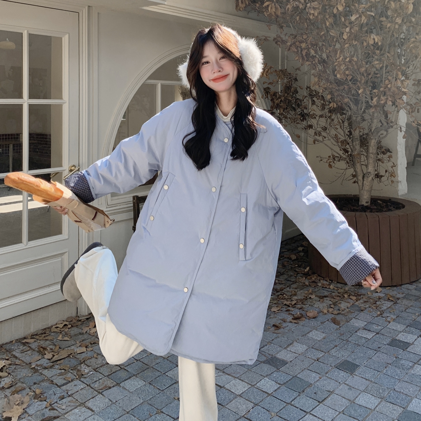 2025冬季新款现货蓝色拼接格子羽绒服90绒#25217-P285-K428，女装羽绒服，唛多