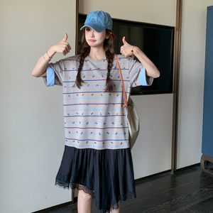 休闲减龄韩系连衣裙女2025夏新款蕾丝花边假两件拼接条纹短袖裙子图片