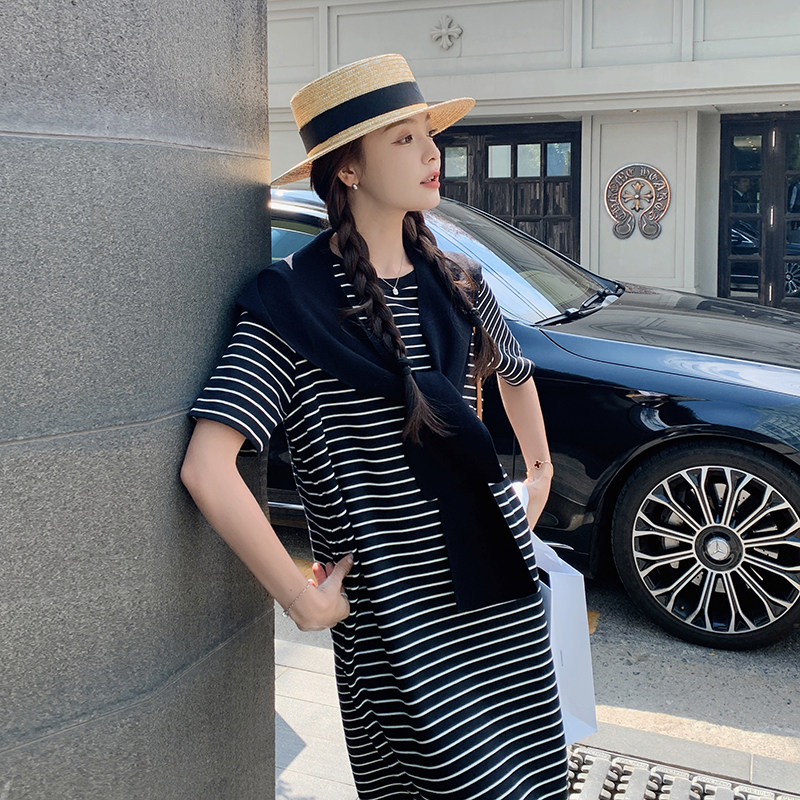 2025夏季新款炒鸡显瘦条纹披肩连衣裙#1038-P125-K188,女装连衣裙,唛多
