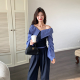 miu系格子拼接休闲套装女2025春夏新款一字肩衬衫阔腿裤两件套潮，女装套装/套裙，唛多