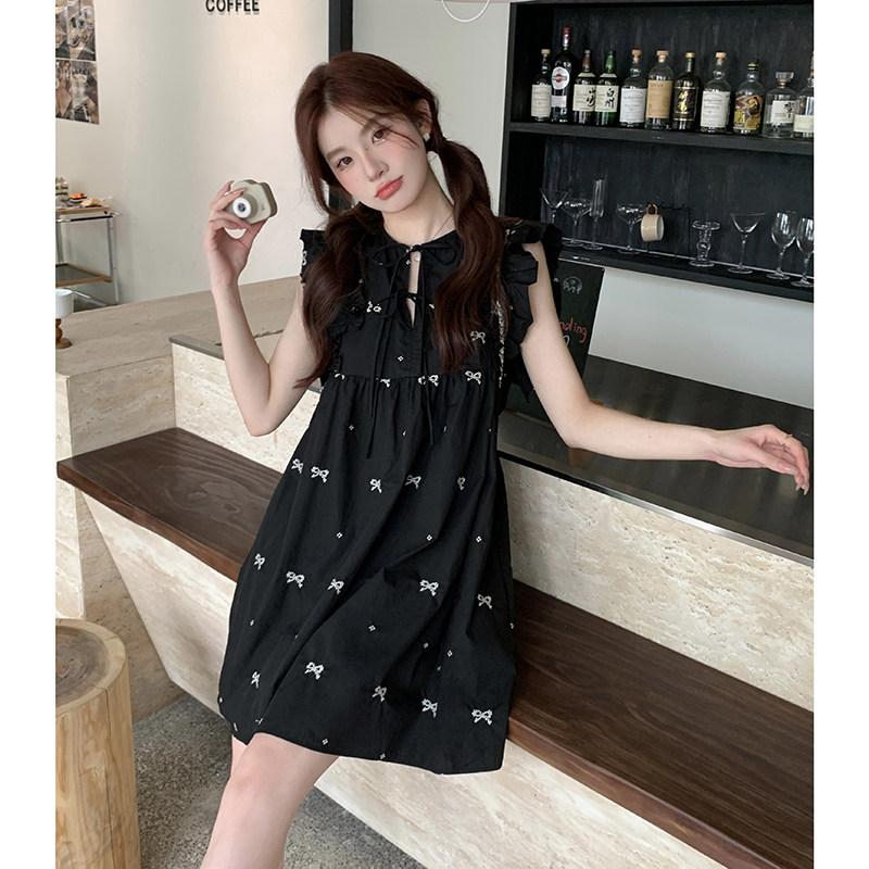 2026年夏季大货数据好刺绣蝴蝶结黑色连衣裙#3100-P105-K158,女装连衣裙,唛多