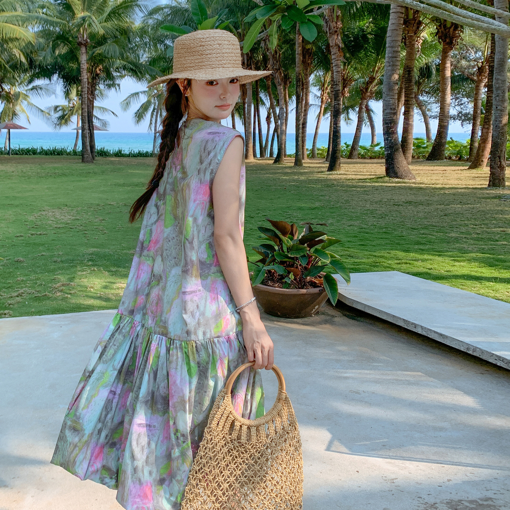 夏日感多巴胺小个子度假裙子女夏2025新款巨好看的无袖印花连衣裙，商品下架区商品下架区，唛多