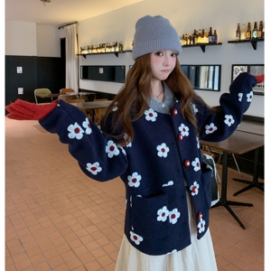 2025冬季新款现货藏青色小花花百搭毛呢外套 #25186-p165-k248图片