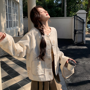 新中式国风小香风外套女2025春秋季新款休闲复古刺绣短款圆领上衣图片