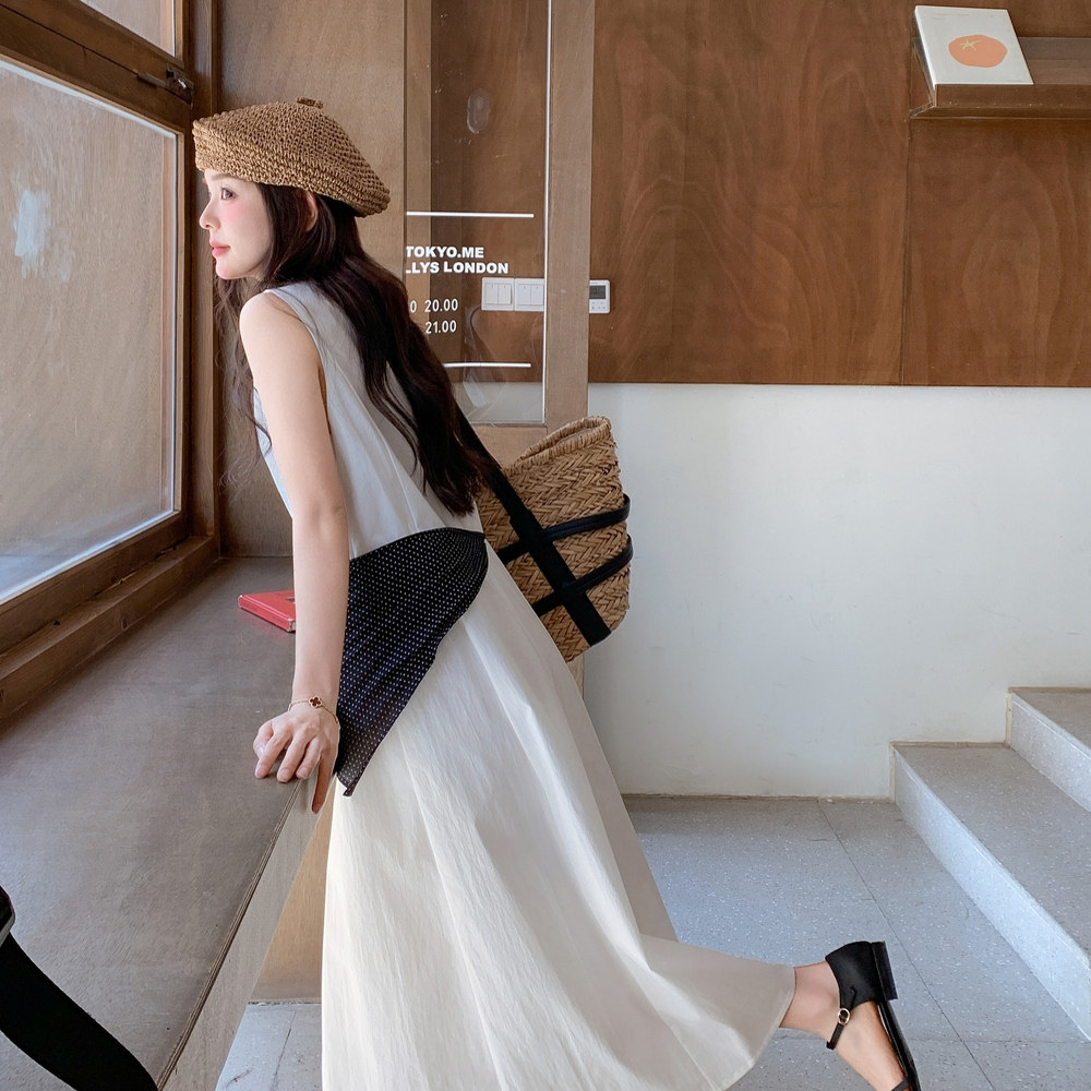 法式高级感无袖背心连衣裙女夏季2025新款韩版收腰显瘦白色长裙子，女装连衣裙，唛多
