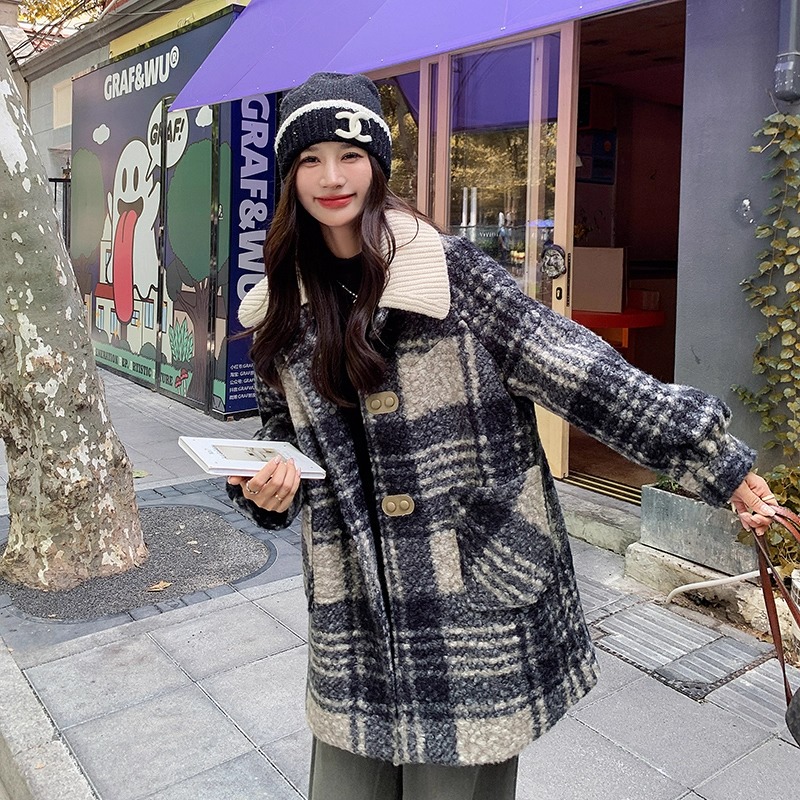 2025冬款现货格子毛呢外套配针织领#3128-P165-K248，女装毛呢外套，唛多