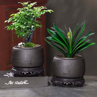 中式古典陶瓷花盆圆形文竹绿植盆栽种植盆带托盘家用装饰紫砂花盆