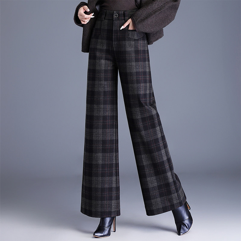 高档格子毛呢裤女秋冬高腰修身阔腿裤口袋时尚外穿休闲直筒长裤