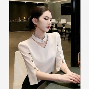 法式小资v领开叉半袖雪纺衫女夏季设计感气质独特漂亮巨好看上衣
