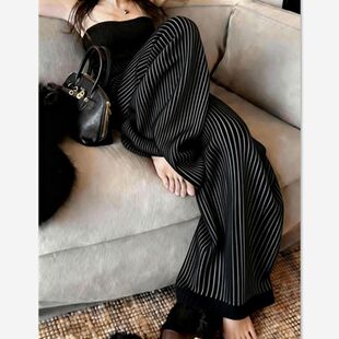 宽松高腰显瘦阔腿休闲长裤 新款 女2026春季 韩系复古黑色条纹直筒裤
