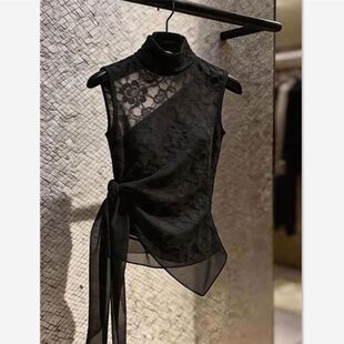 黑色无袖扭结上衣女设计感气质显瘦系带背心高级感蕾丝时尚衬衫