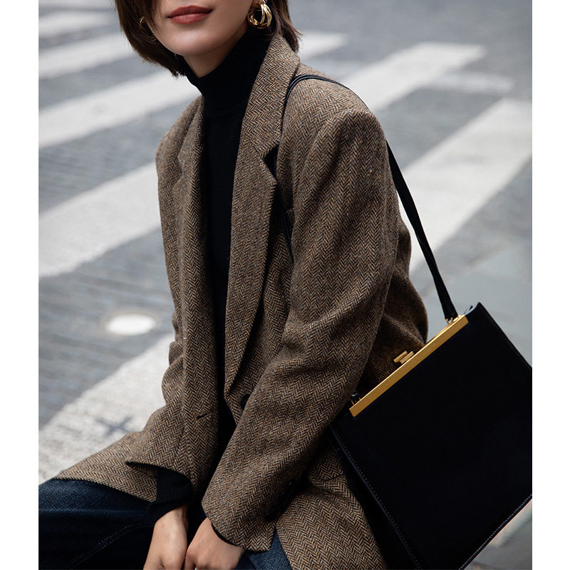 秋冬新款2025人字纹羊毛呢西装外套女英伦风高级感休闲小个子上衣
