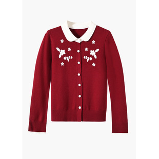 假两件翻领长袖花卉刺绣针织开衫女秋冬新款2025年高级羊毛呢上衣