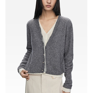 【鄂*定单】羊毛假两件开衫2025年秋新品V领蕾丝花边钻扣针织衫女